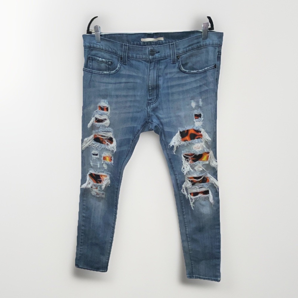 Men's Golden Blue Denim Jeans‎ Distressed Fire Flame Fleece 36 M